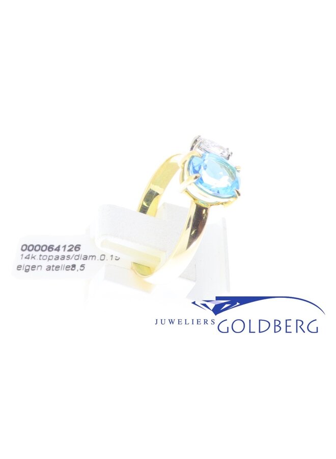 14k gouden ring met topaas en diamant 0.15ct uit eigen atelier