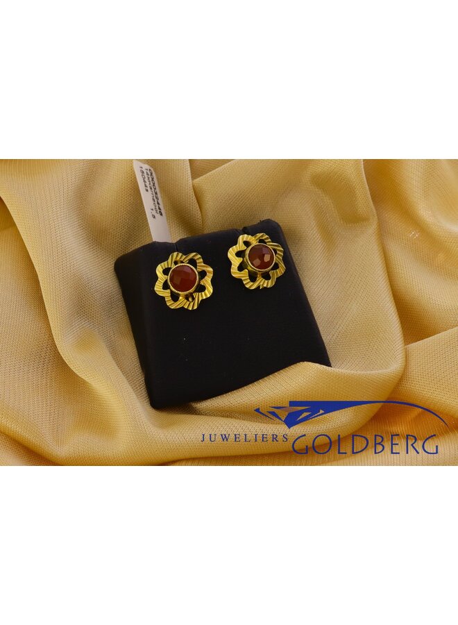 14k yellow gold ear studs with carnelian gemstone