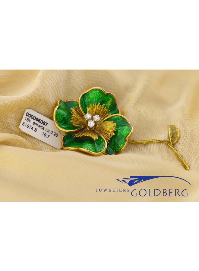 18k gouden vintage klavertje vier broche met diamant (ca. 0.20ct)