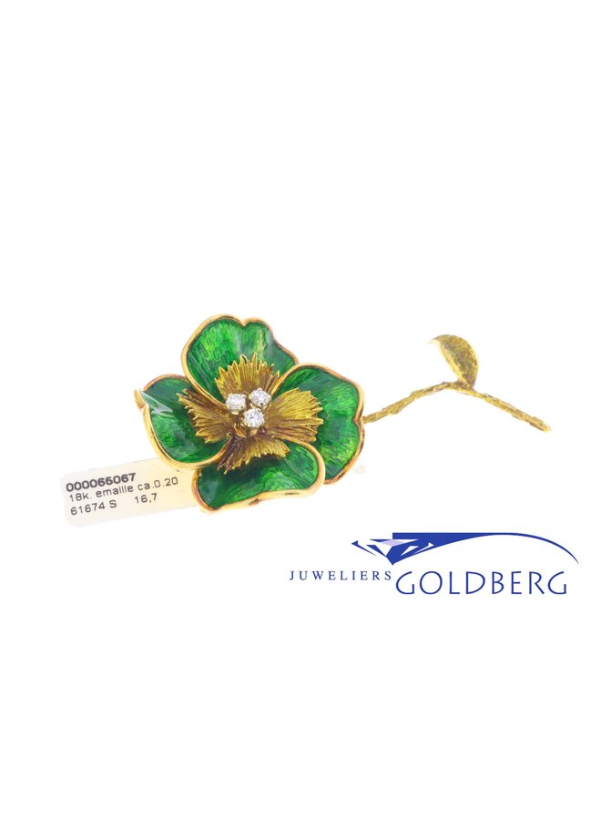 18k gouden vintage klavertje vier broche met diamant (ca. 0.20ct)