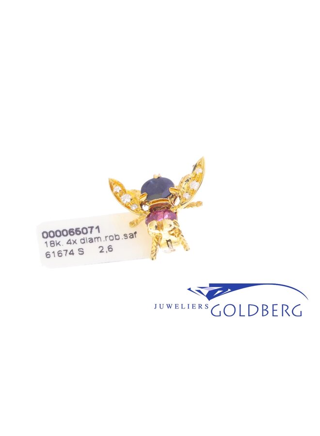 18k gold vintage bee brooch with sapphire, ruby & diamonds