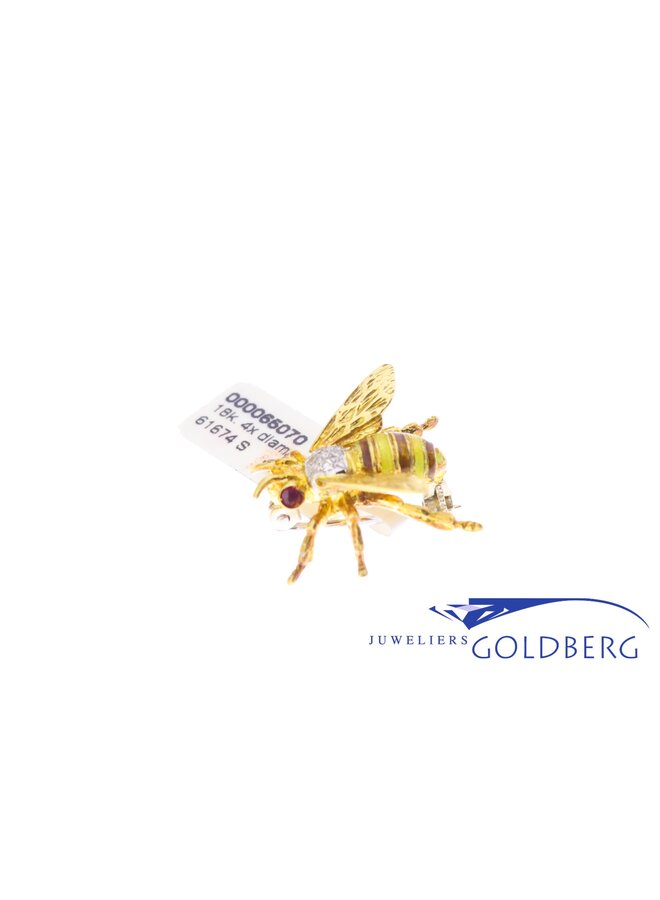 18k gold vintage bee brooch with diamonds & rubies