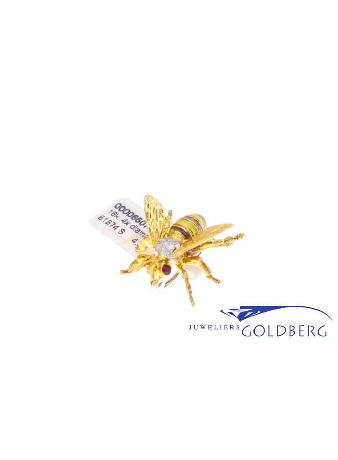 18k gold vintage bee brooch with diamonds & rubies