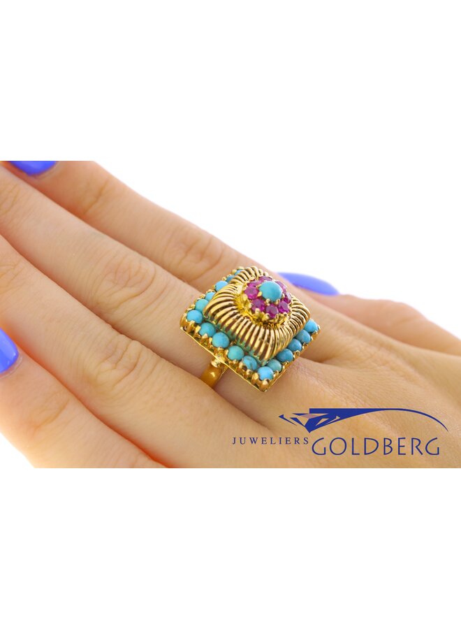 18k gold vintage ring with ruby & turquoise