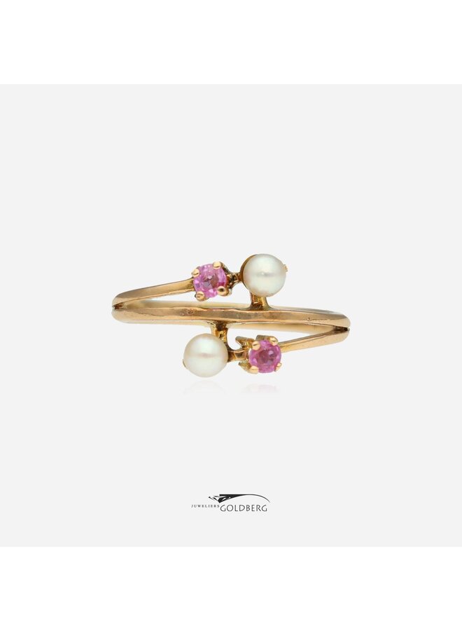 18k roségouden vintage ring met parel & robijn