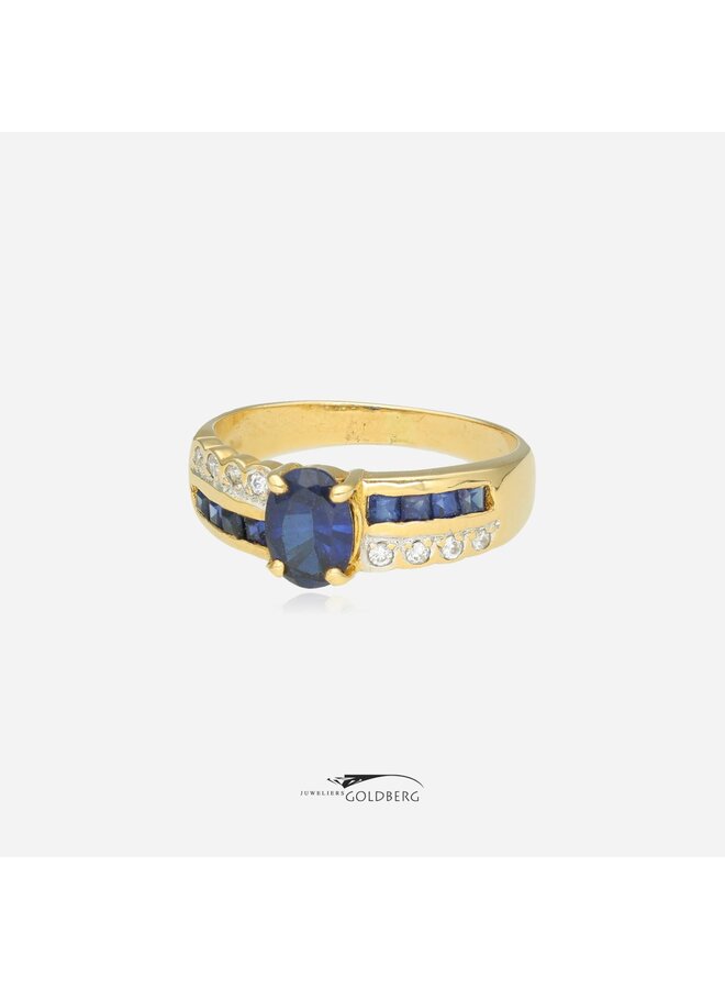 18k gouden vintage ring met synthetische saffier & zirkonia