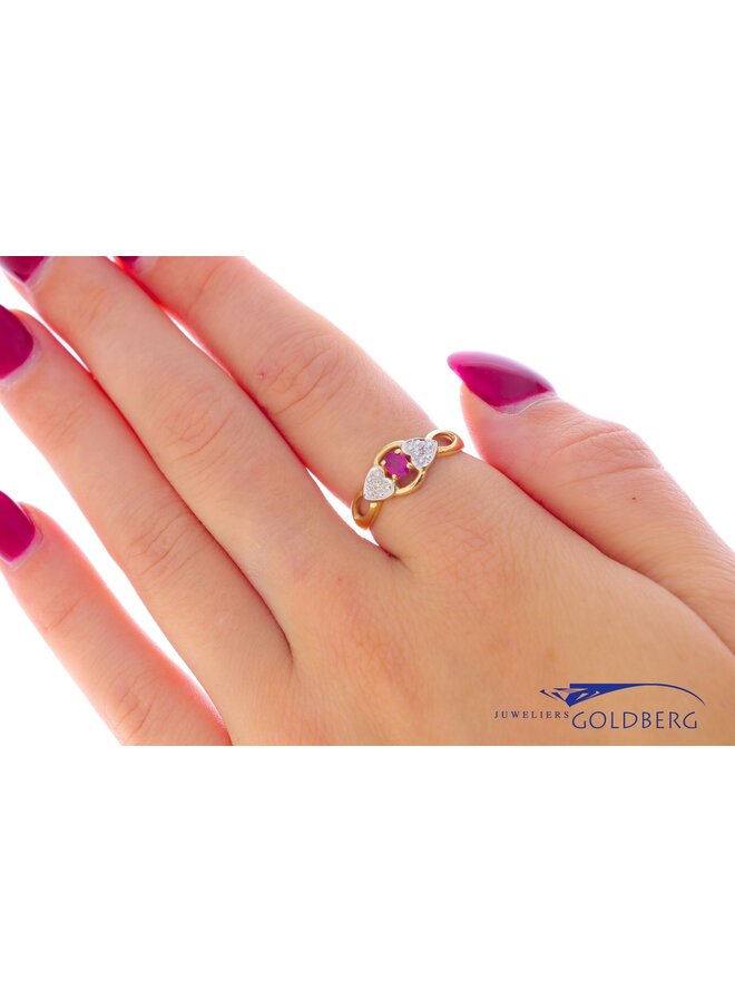 14k vintage gouden ring met robijn & diamant
