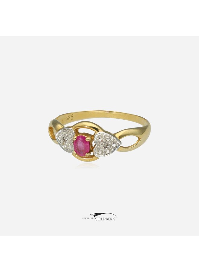 14k vintage gouden ring met robijn & diamant
