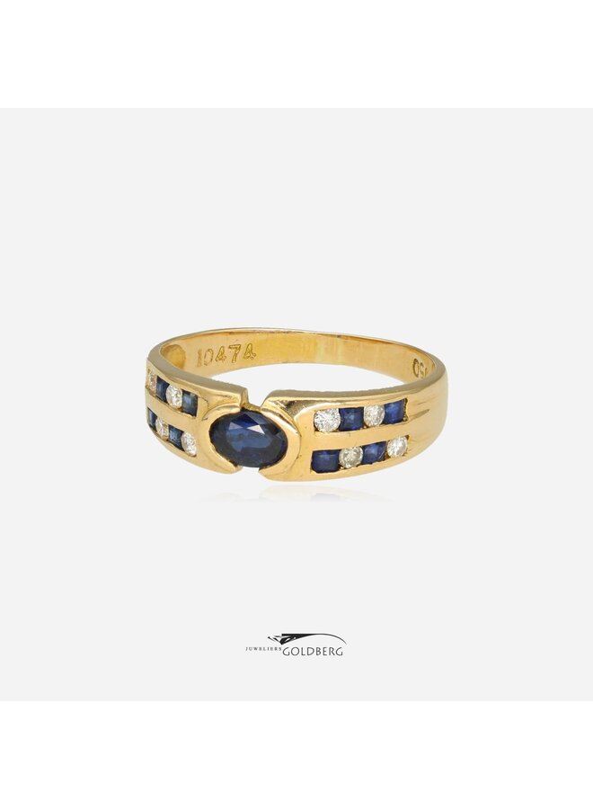 18k gouden vintage ring met blauwe saffier en briljanten