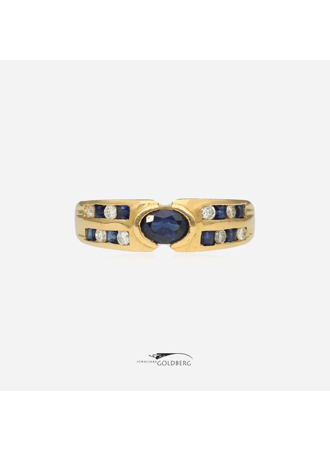 18k gouden vintage ring met blauwe saffier en briljanten