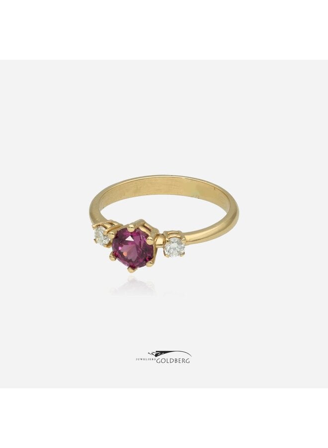 14k gouden ring rhodoliet en diamanten (eigen atelier)