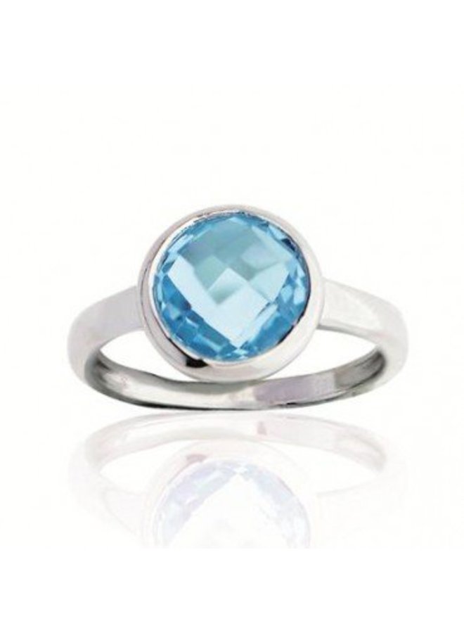 Silver ring set with round blue topaz