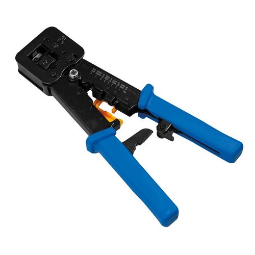 Crimping tool for RJ11, RJ12 and RJ45 plugs, with cutter