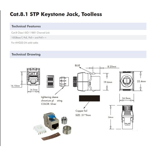 CAT8.1 keystone jack RJ45 STP toolless