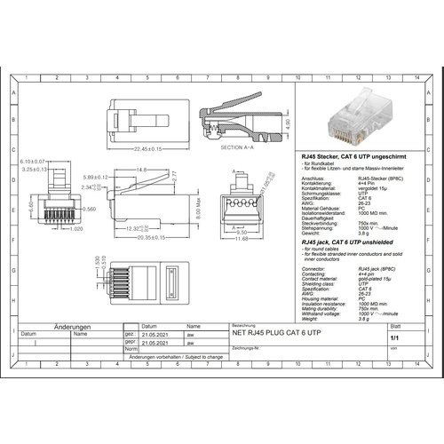 CAT6 Connector RJ45 - Unshielded 10 stuks