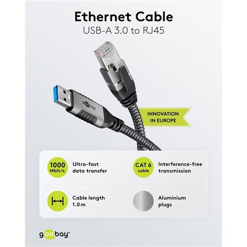 USB-A 3.0 to RJ45 Ethernet Cable 1M