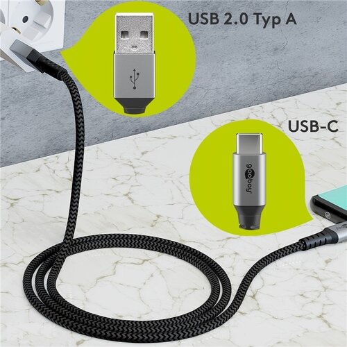 USB-C naar USB-A 1M textielkabel met metalen stekkers
