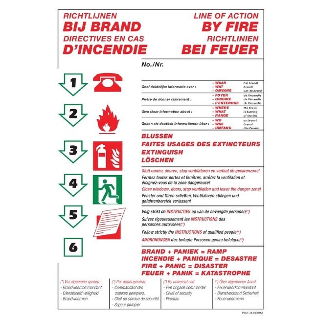 Pikt-o-Norm Pictogramme instructions en cas d'incendie 4 langues