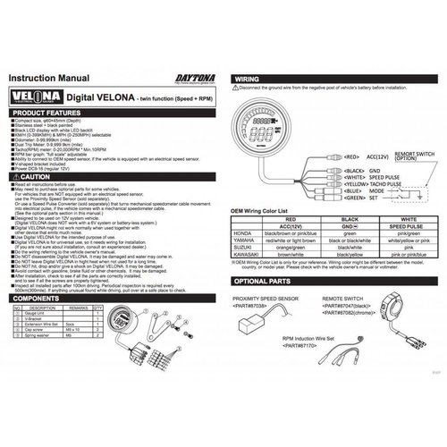 Daytona Digital Speedo with Tachometer VELONA