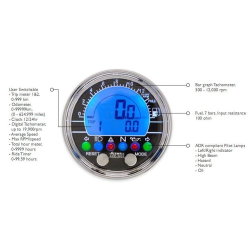 Acewell Digital Dash Black/Chrome Speedo ACE-2853