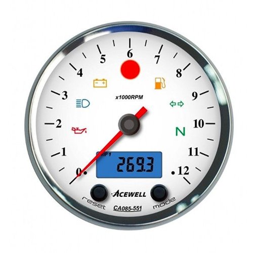 Acewell CA085 12,000RPM Counter Chrome Housing and White Dial