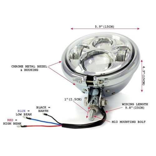 5,75" CREE QUAD LED Bates Style Headlight Bottom Mount Chrome