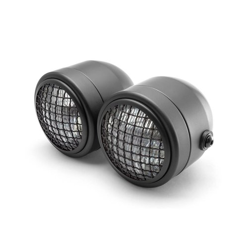 Black Universal Twin Metal Headlight + Mesh Grid - 12v / 35w