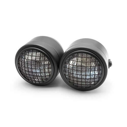 Black Universal Twin Metal Headlight + Mesh Grid - 12v / 35w