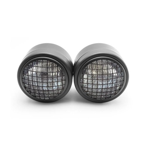 Black Universal Twin Metal Headlight + Mesh Grid - 12v / 35w