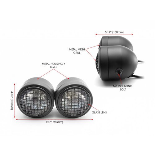 Black Universal Twin Metal Headlight + Mesh Grid - 12v / 35w