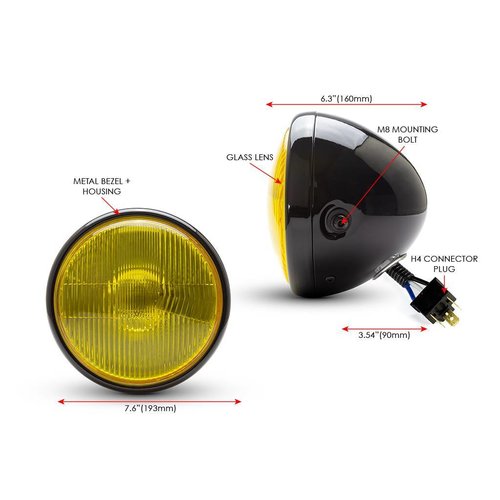 Phare classique noir brillant de 7 " - lentille jaune