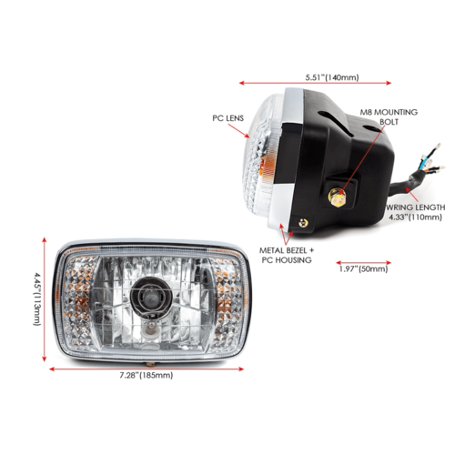 7" Black & Chrome Universal Rectangle Headlight + Turn Signals - Emark