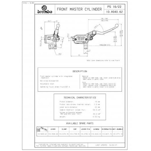 Brembo PS16 /Type 2 Maître-cylindre avec levier en aluminium pour guidon 22 mm