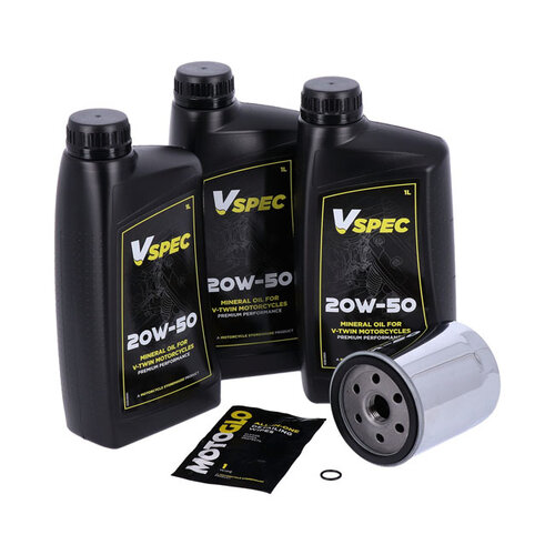 Engine Oil Service Kit | 20W50 Mineral 3 Litres | 84-98 Softail ; Modèle FXR 87-94 ; 86-22 Xl Sportster (NU) | Chrome Filter Or Black Filter