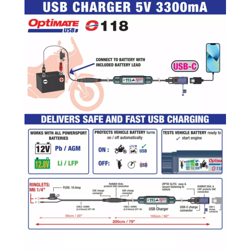 Tecmate Batterij naar USB-C-oplader
