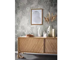 Behang met grote bladeren in zilver 33301