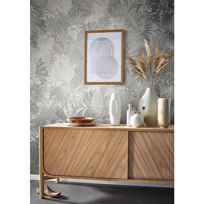 Behang met grote bladeren in zilver 33301