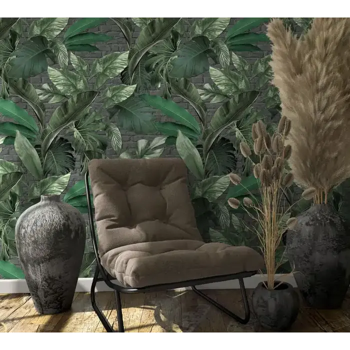 Fotobehang met grote bladeren op bakstenen achtergrond 34195