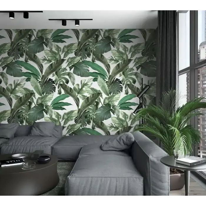 Fotobehang met grote bladeren op bakstenen achtergrond 34194