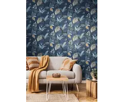 Blauw behang met bladeren 21129