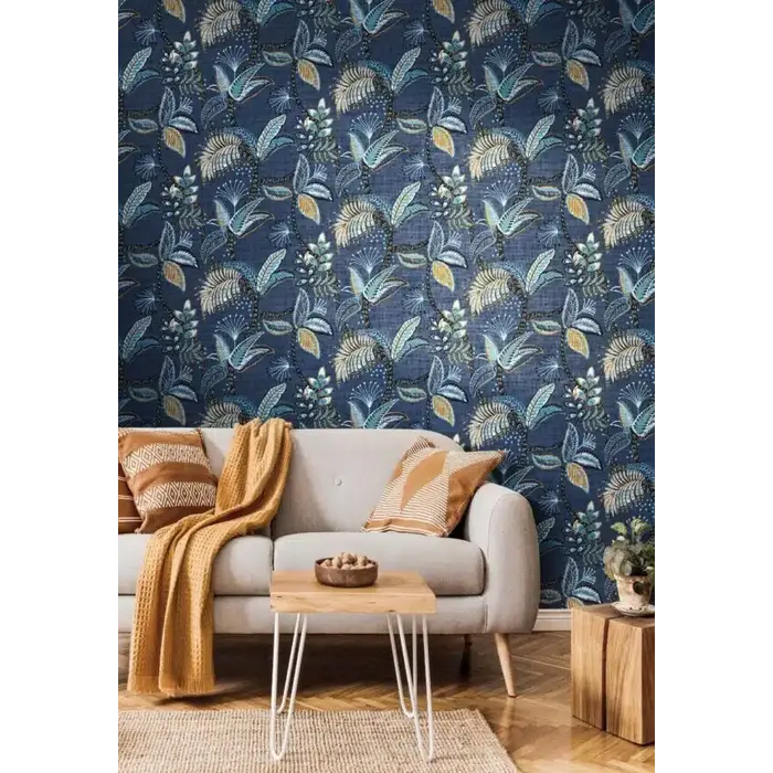 Blauw behang met bladeren 21129