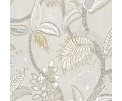 Lichtgrijs behang met gouden en zilveren bladeren 21126