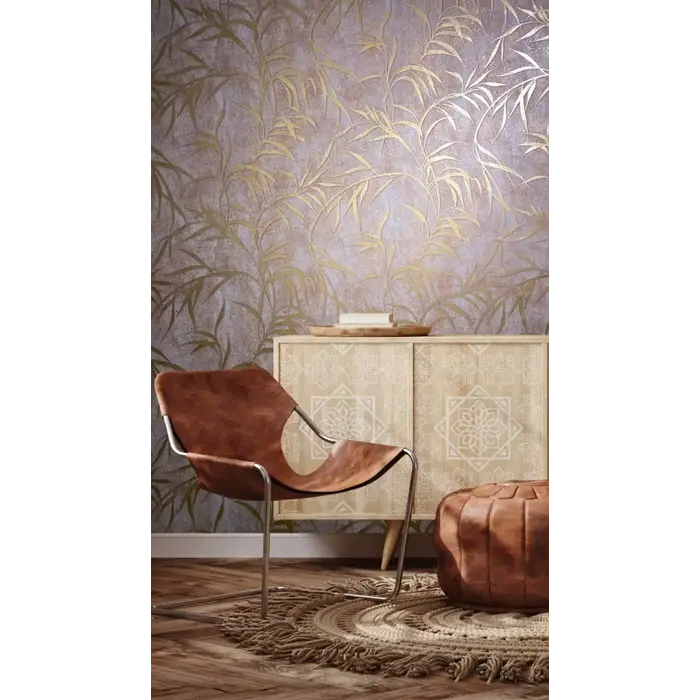 Behang met metallic bladeren 34288