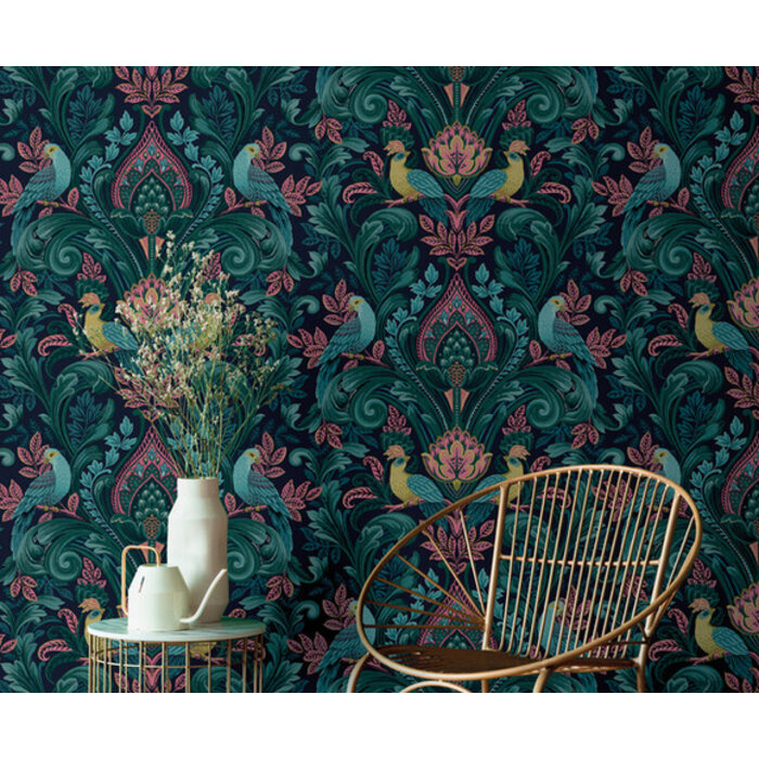 Arcadia - Opulent Damask blauw/groen/roze