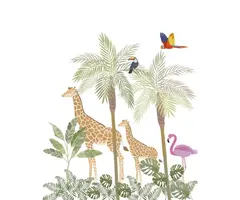 Fotobehang giraffen en tropische vogels