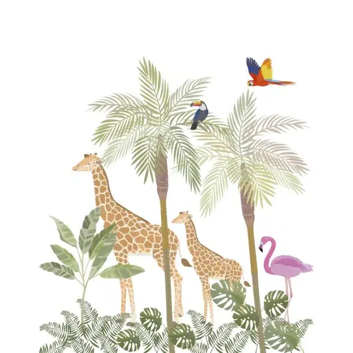 Fotobehang giraffen en tropische vogels