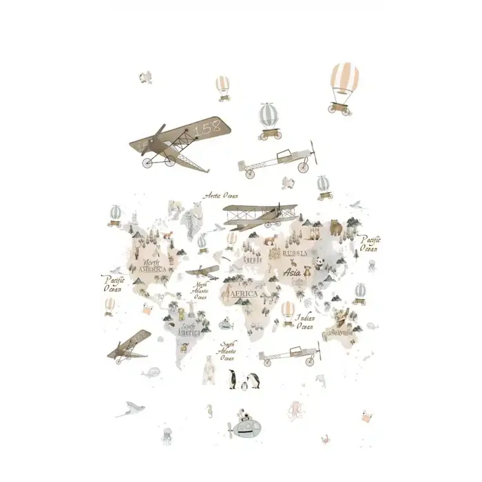 Fotobehang met beige wereldkaart met dieren en vliegtuigen