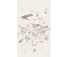 Fotobehang met beige wereldkaart met dieren en vliegtuigen