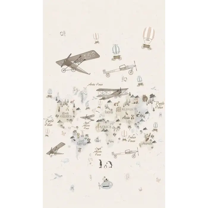 Fotobehang met beige wereldkaart met dieren en vliegtuigen