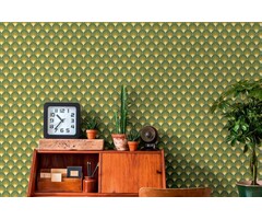 Retro stijl schubbenpatroon behang - groen, geel, bruin